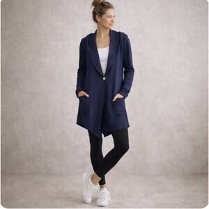 Lucy Sz S Assymetrical LS Cotton Snap Hooded Athleisure Navy Blue Blazer